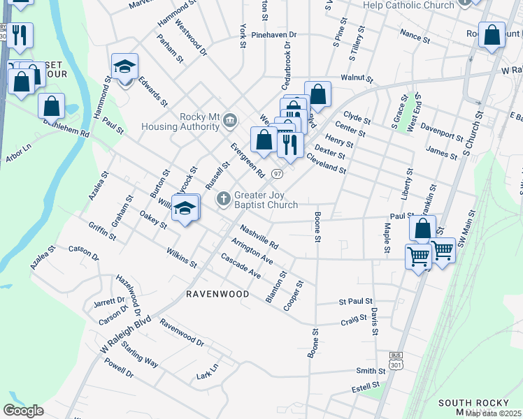 map of restaurants, bars, coffee shops, grocery stores, and more near 688 Paul Street in Rocky Mount