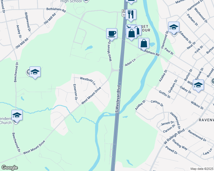 map of restaurants, bars, coffee shops, grocery stores, and more near 1117 West Mount Drive in Rocky Mount