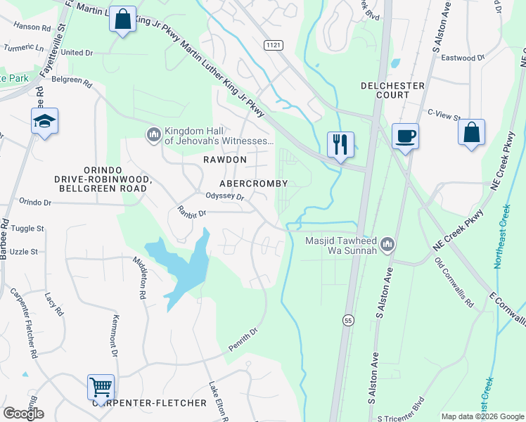 map of restaurants, bars, coffee shops, grocery stores, and more near 1205 Odyssey Drive in Durham