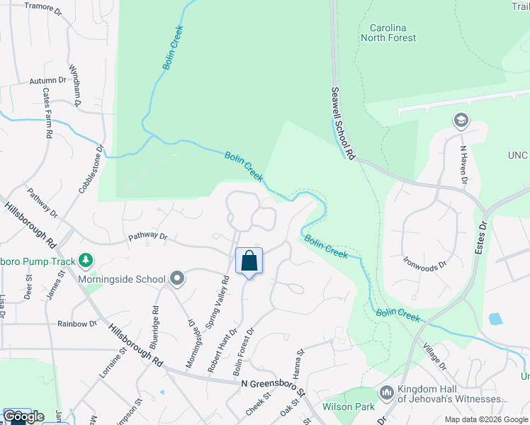 map of restaurants, bars, coffee shops, grocery stores, and more near 130 Creekview Circle in Carrboro