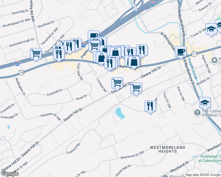 map of restaurants, bars, coffee shops, grocery stores, and more near 6525 Deane Hill Drive in Knoxville