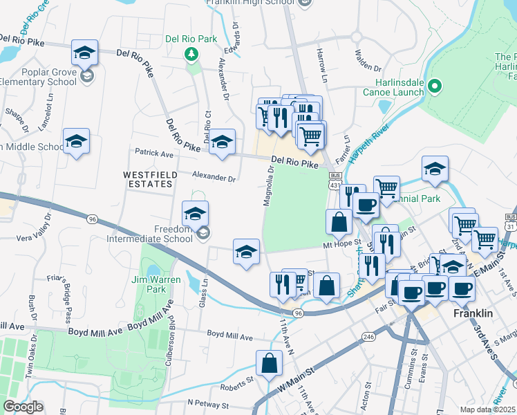 map of restaurants, bars, coffee shops, grocery stores, and more near 8 Magnolia Drive in Franklin