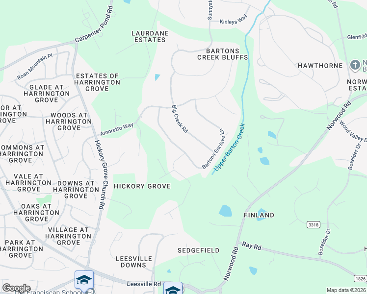 map of restaurants, bars, coffee shops, grocery stores, and more near 5013 Big Creek Road in Raleigh