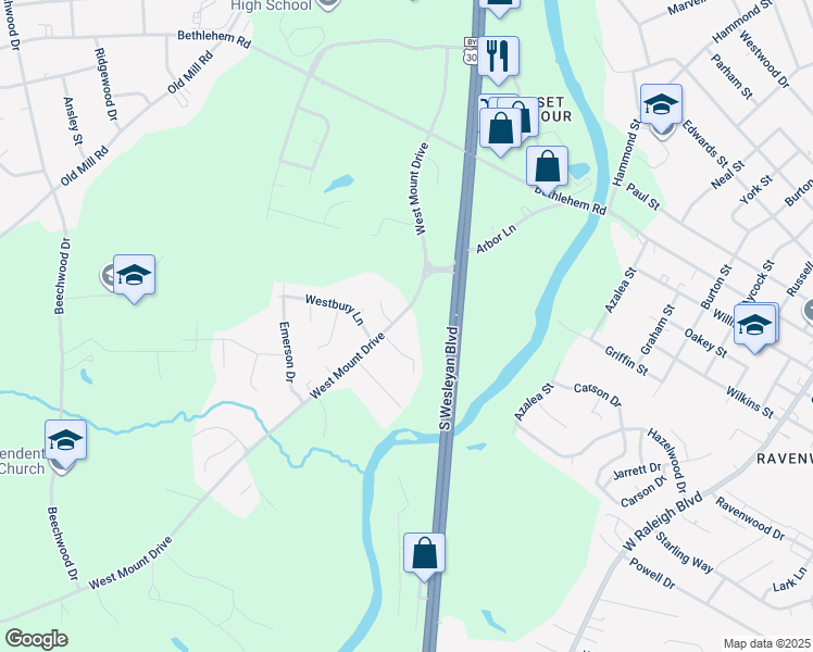 map of restaurants, bars, coffee shops, grocery stores, and more near 1117 West Mount Drive in Rocky Mount