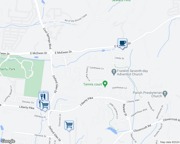 map of restaurants, bars, coffee shops, grocery stores, and more near 1702 Players Mill Road in Franklin