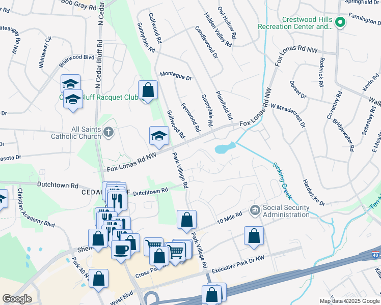map of restaurants, bars, coffee shops, grocery stores, and more near 9121 Woodpark Lane Northwest in Knoxville