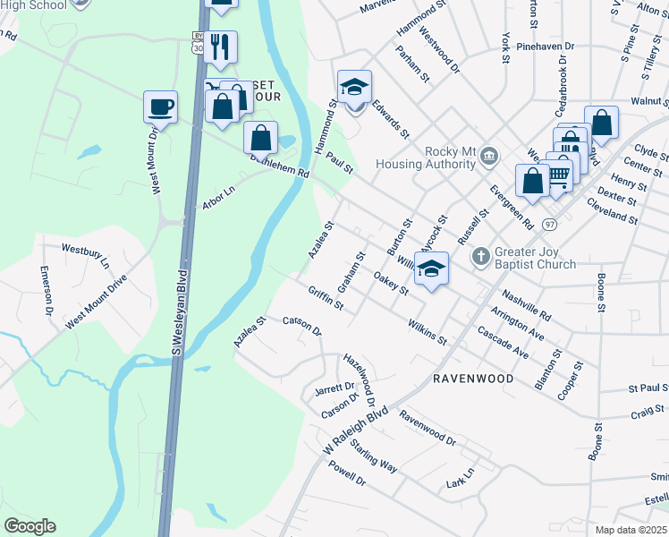 map of restaurants, bars, coffee shops, grocery stores, and more near 1612 Graham Street in Rocky Mount