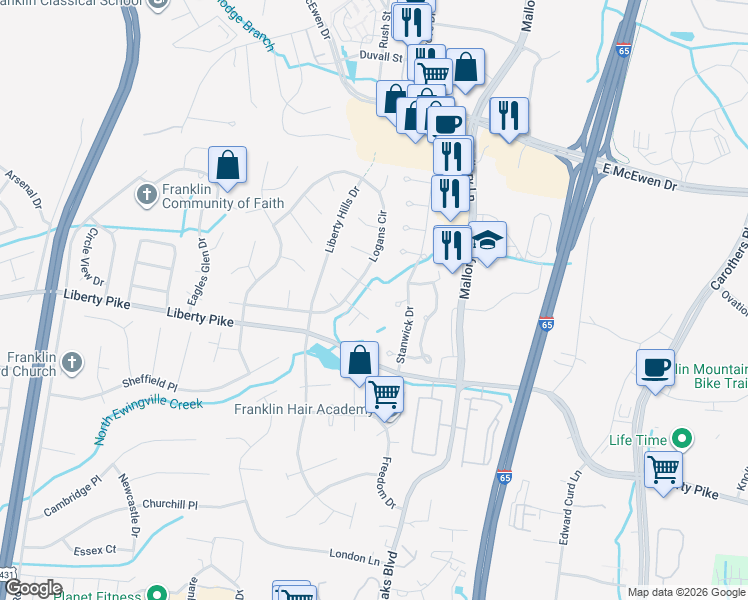 map of restaurants, bars, coffee shops, grocery stores, and more near 304 Ericksen Court in Franklin