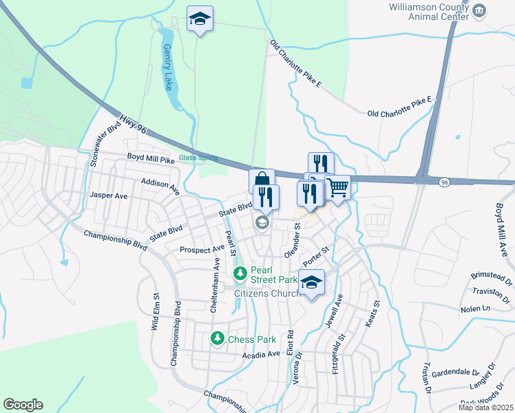 map of restaurants, bars, coffee shops, grocery stores, and more near 991 State Boulevard in Franklin