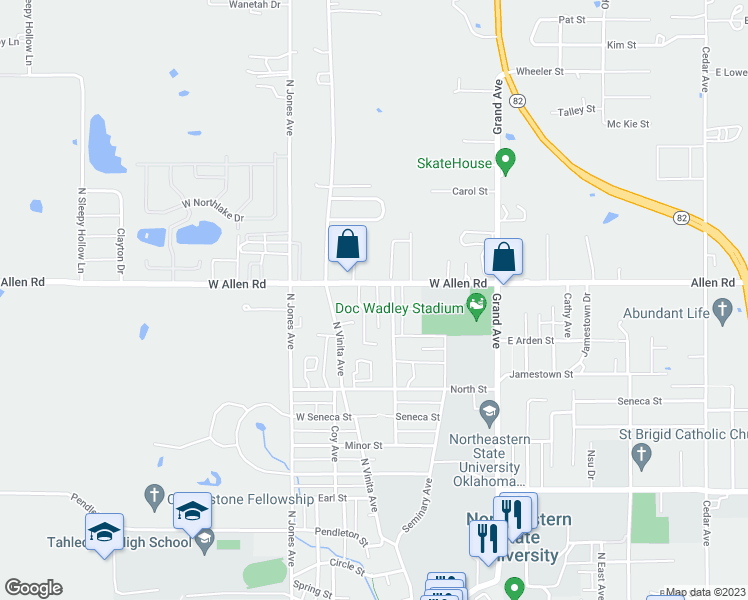 map of restaurants, bars, coffee shops, grocery stores, and more near 1414 Skipper Drive in Tahlequah
