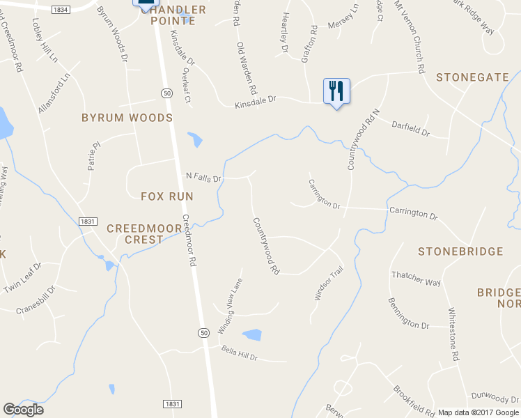 map of restaurants, bars, coffee shops, grocery stores, and more near 2608 Countrywood Road in Raleigh