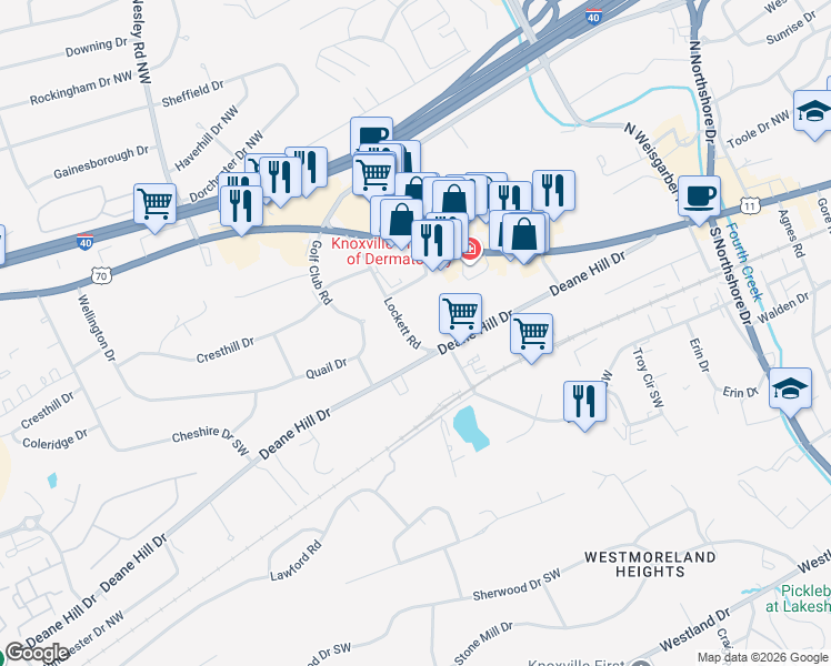 map of restaurants, bars, coffee shops, grocery stores, and more near 6521 Deane Hill Drive in Knoxville