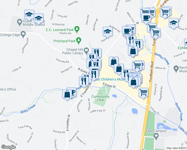 map of restaurants, bars, coffee shops, grocery stores, and more near E Franklin St & Estes Dr in Chapel Hill