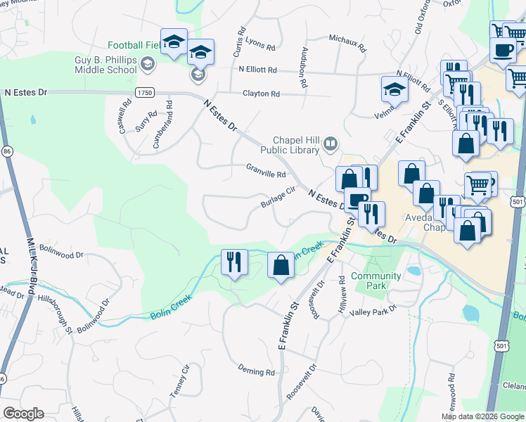 map of restaurants, bars, coffee shops, grocery stores, and more near 301 Burlage Circle in Chapel Hill