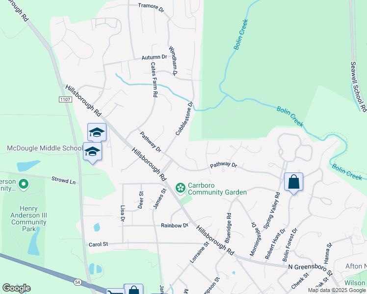 map of restaurants, bars, coffee shops, grocery stores, and more near 115 Sudbury Lane in Chapel Hill