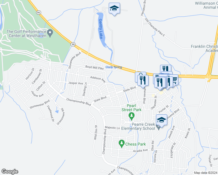 map of restaurants, bars, coffee shops, grocery stores, and more near 206 Addison Avenue in Franklin