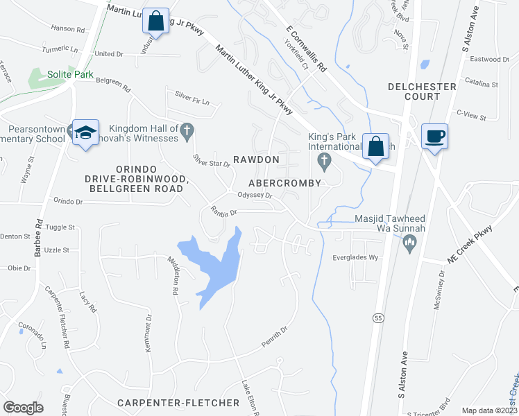 map of restaurants, bars, coffee shops, grocery stores, and more near 3616 Sana Court in Durham