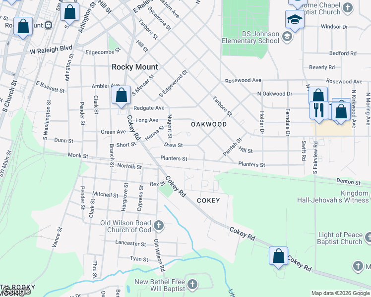 map of restaurants, bars, coffee shops, grocery stores, and more near 1045 Drew Street in Rocky Mount