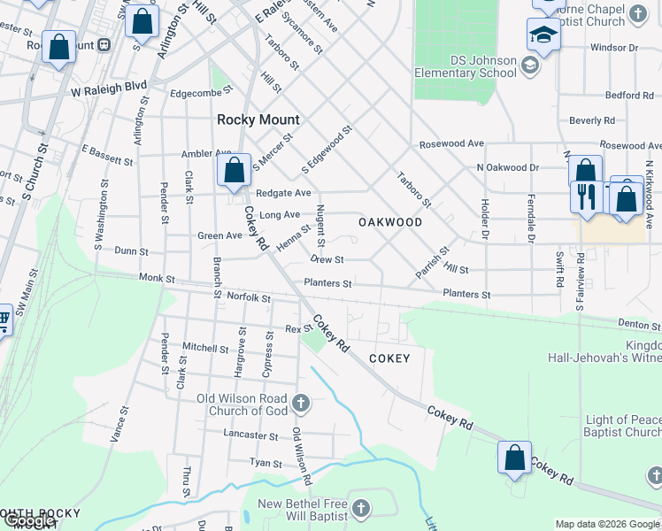 map of restaurants, bars, coffee shops, grocery stores, and more near 1001 Drew Street in Rocky Mount