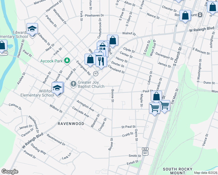 map of restaurants, bars, coffee shops, grocery stores, and more near 602 Beamon Street in Rocky Mount
