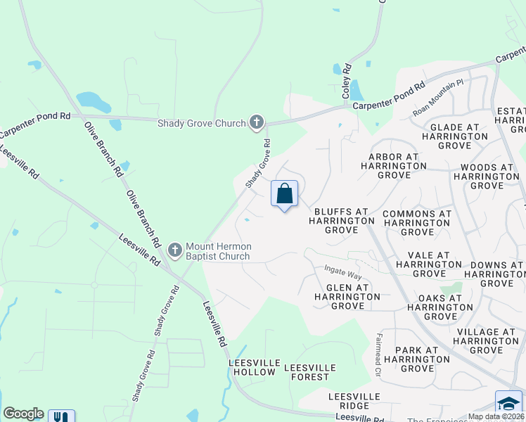 map of restaurants, bars, coffee shops, grocery stores, and more near 12301 Huntley Chase Drive in Durham