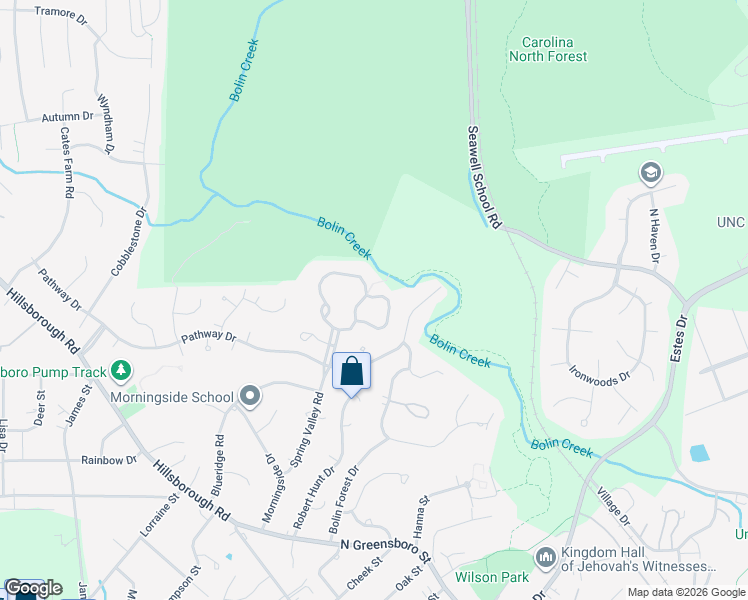 map of restaurants, bars, coffee shops, grocery stores, and more near 130 Creekview Circle in Carrboro