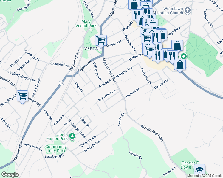 map of restaurants, bars, coffee shops, grocery stores, and more near 4525 Martin Mill Pike in Knoxville