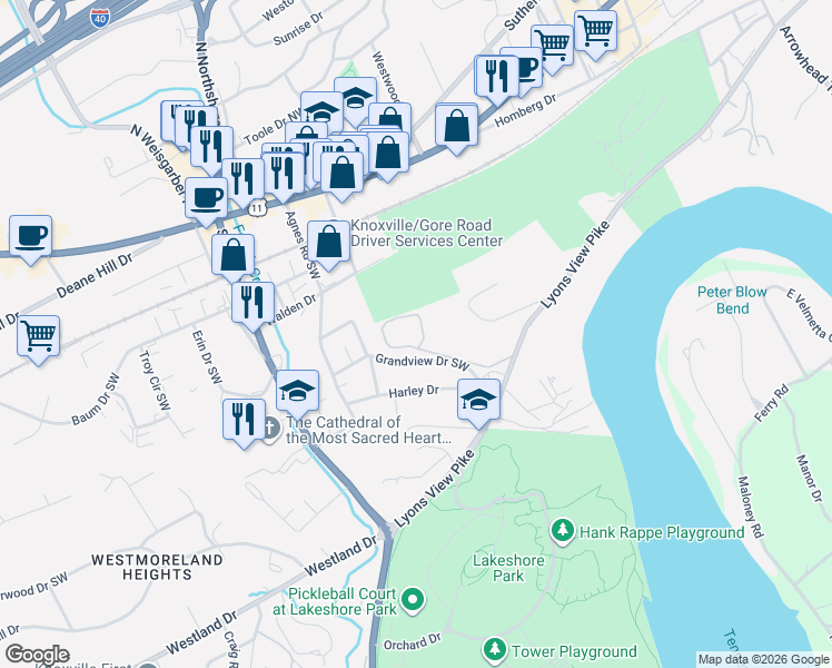 map of restaurants, bars, coffee shops, grocery stores, and more near 5709 Lyons View Pike in Knoxville