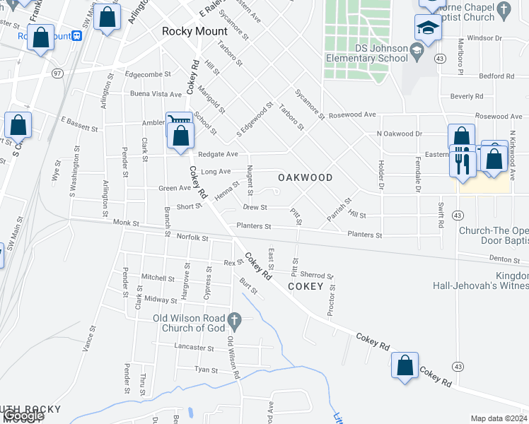map of restaurants, bars, coffee shops, grocery stores, and more near 1021 Drew Street in Rocky Mount