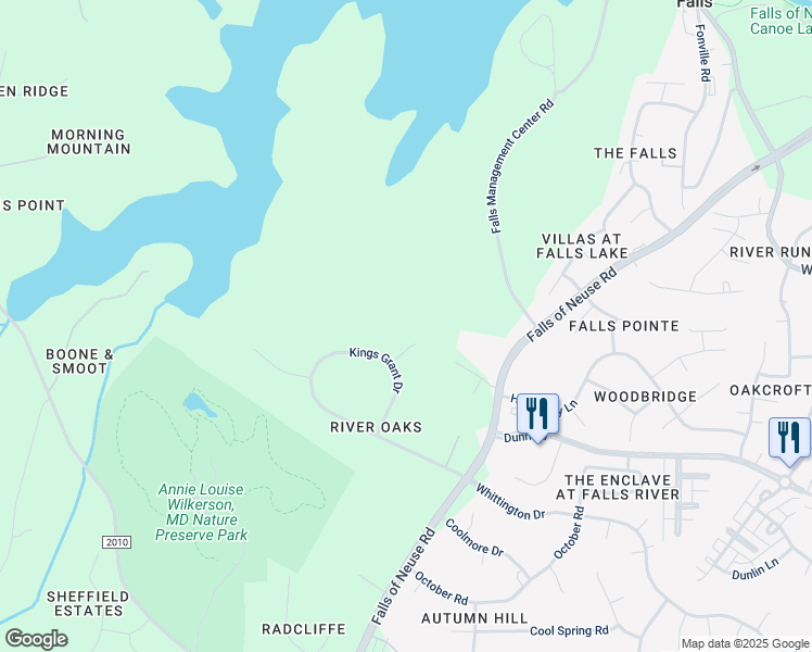 map of restaurants, bars, coffee shops, grocery stores, and more near 11205 Trescott Court in Raleigh