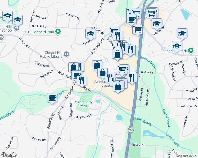 map of restaurants, bars, coffee shops, grocery stores, and more near 101 Conner Drive in Chapel Hill