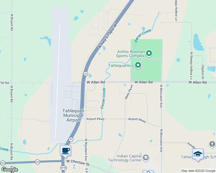 map of restaurants, bars, coffee shops, grocery stores, and more near 1047 West Allen Road in Tahlequah