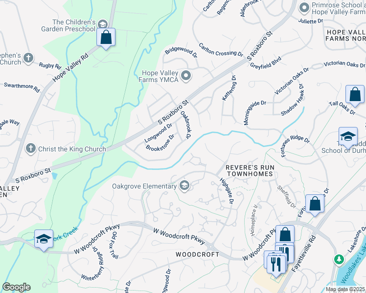 map of restaurants, bars, coffee shops, grocery stores, and more near 5203 Oakbrook Drive in Durham