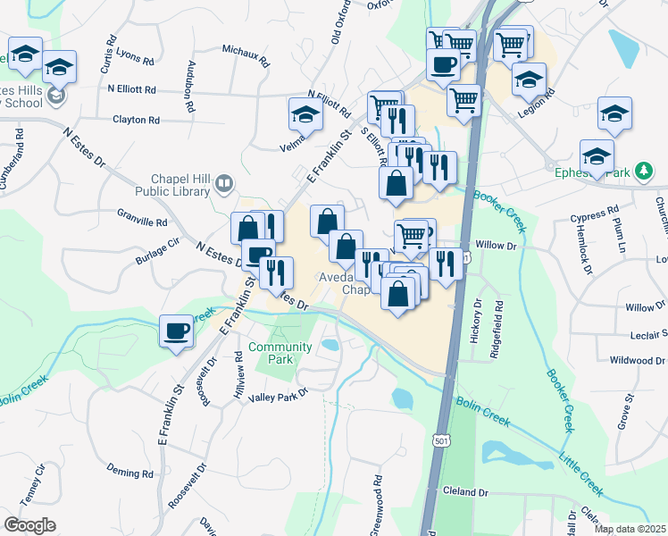 map of restaurants, bars, coffee shops, grocery stores, and more near 101 Conner Drive in Chapel Hill