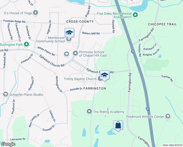 map of restaurants, bars, coffee shops, grocery stores, and more near 23 Cortona Drive in Durham
