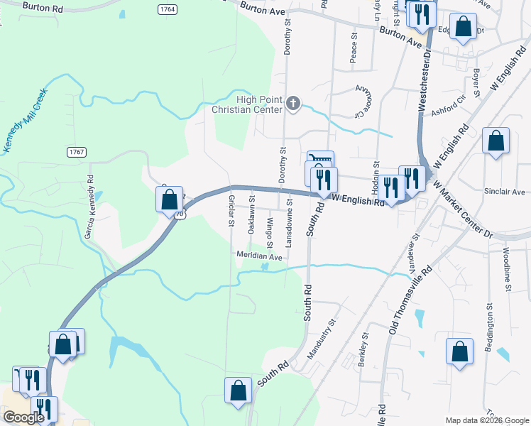 map of restaurants, bars, coffee shops, grocery stores, and more near 201 Princeton Avenue in High Point