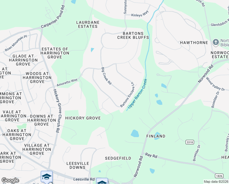 map of restaurants, bars, coffee shops, grocery stores, and more near 5013 Big Creek Road in Raleigh