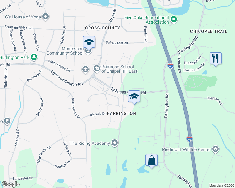map of restaurants, bars, coffee shops, grocery stores, and more near 23 Cortona Drive in Durham