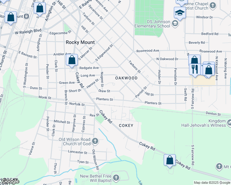 map of restaurants, bars, coffee shops, grocery stores, and more near 1045 Drew Street in Rocky Mount