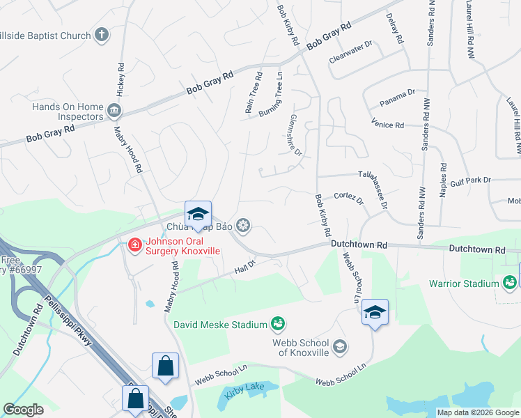 map of restaurants, bars, coffee shops, grocery stores, and more near 9916 Sheretz Drive in Knoxville