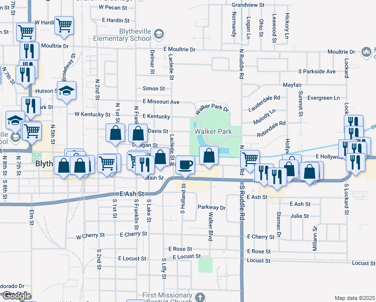 map of restaurants, bars, coffee shops, grocery stores, and more near 429 Dougan Street in Blytheville