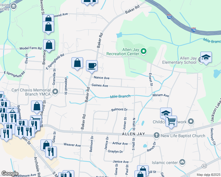 map of restaurants, bars, coffee shops, grocery stores, and more near 812 Gaines Avenue in High Point