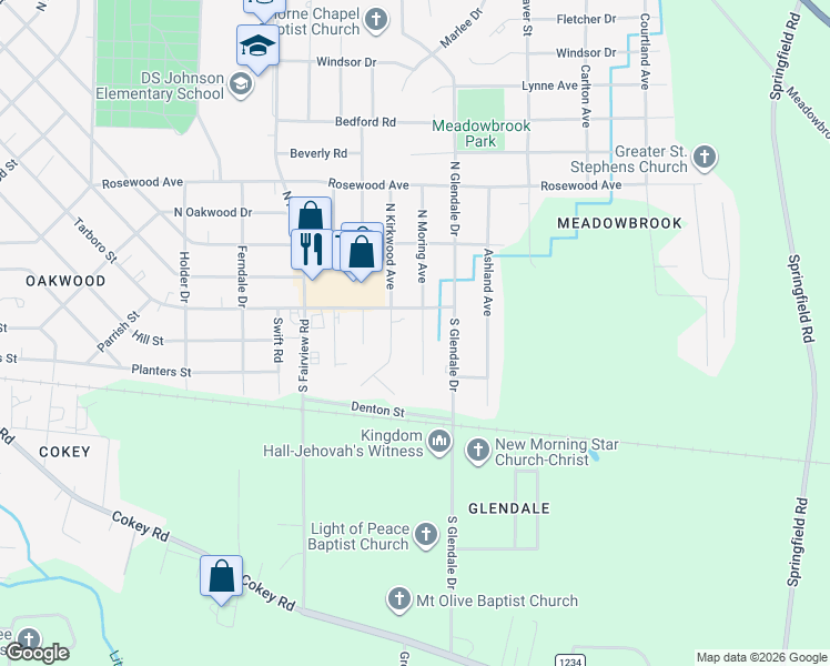 map of restaurants, bars, coffee shops, grocery stores, and more near 108 South Moring Avenue in Rocky Mount