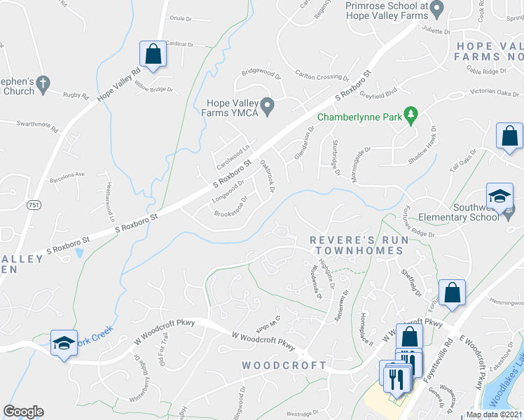 map of restaurants, bars, coffee shops, grocery stores, and more near 5203 Oakbrook Drive in Durham