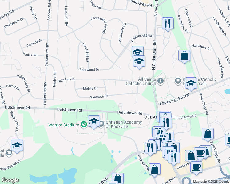 map of restaurants, bars, coffee shops, grocery stores, and more near 9405 Sarasota Drive in Knoxville