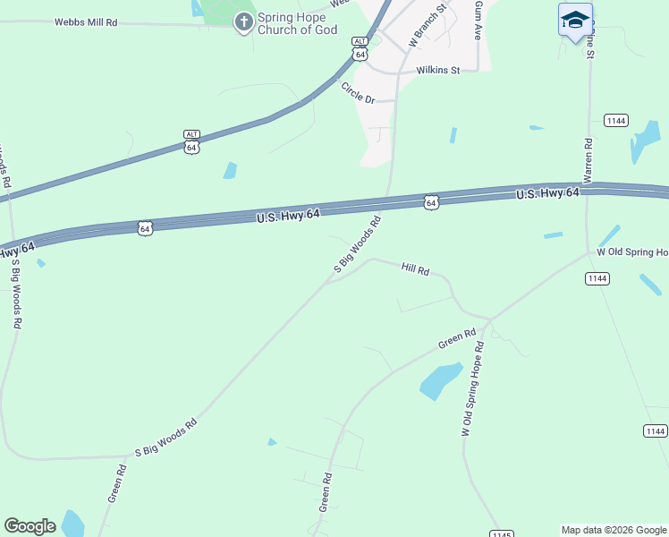 map of restaurants, bars, coffee shops, grocery stores, and more near 1960 South Big Woods Road in Spring Hope