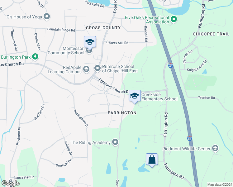 map of restaurants, bars, coffee shops, grocery stores, and more near 19 Cortona Drive in Durham