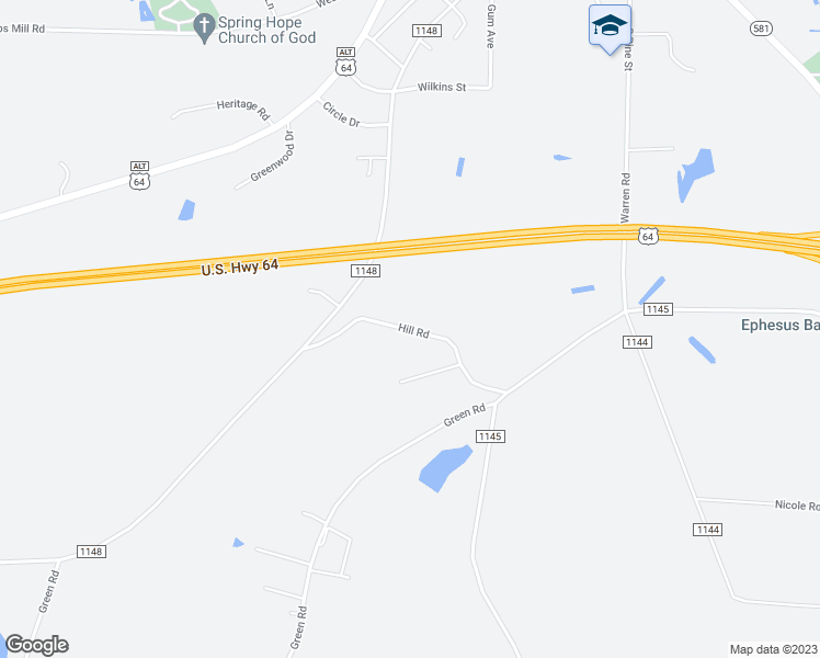 map of restaurants, bars, coffee shops, grocery stores, and more near Hill Road in Nash County