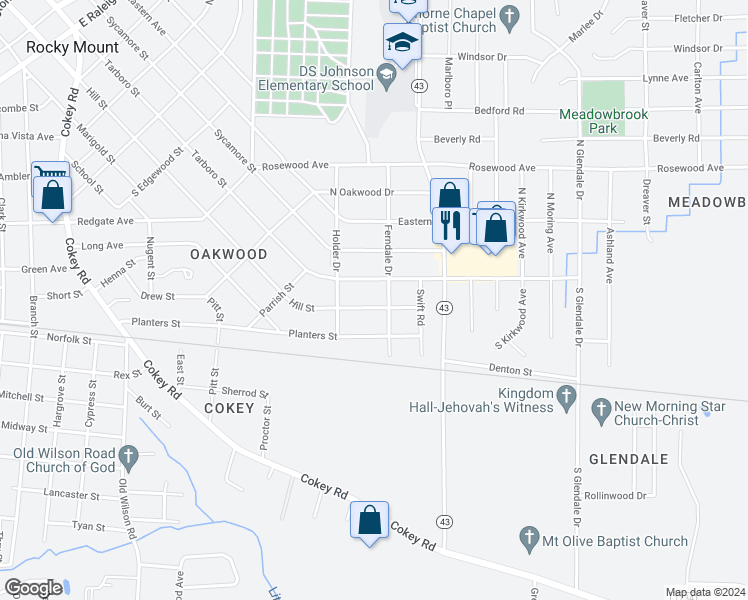 map of restaurants, bars, coffee shops, grocery stores, and more near 1328 Hill Street in Rocky Mount