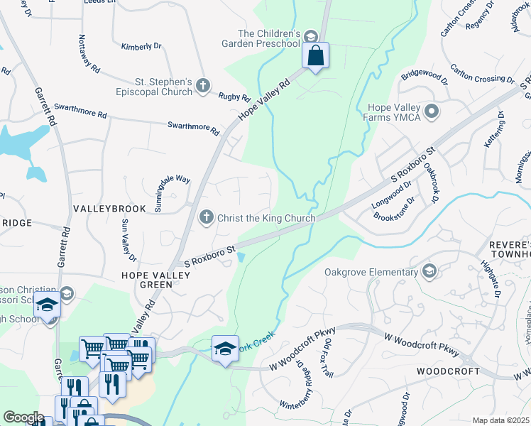 map of restaurants, bars, coffee shops, grocery stores, and more near 3 Fieldcrest Court in Durham